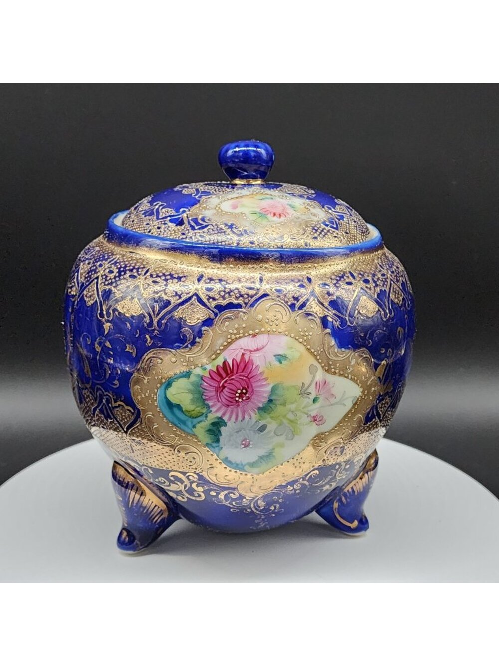 Antique Nippon Biscuit Jar Hand-Painted Cobalt Blue & Gold Hand Painted 7"